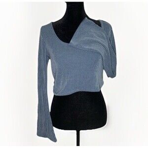 Fashion Nova Cropped Top Blue Ribbed Surplice Long Bell Flare Sleeve Large